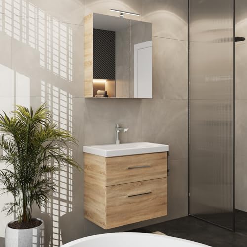 Planetmöbel Badmöbel Set Waschtisch mit Unterschrank 63 x 60 x 36,5 cm, Spiegelschrank 60 cm mit LED-Leuchte (schwarz matt) & Steckdose, Moderne Badezimmer Möbel, Sonoma Eiche
