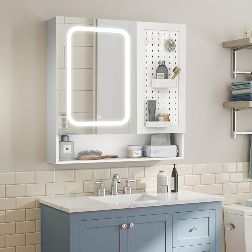Pamapic Spiegelschrank Bad mit Beleuchtung, Badezimmerschrank mit Spiegel, Hängeschrank Badezimmer mit Stecktafel & Verstellbaren Ablagen, Schrannk mit Badezimmerspiegel, 3 Farben Dimmbar, Weiß