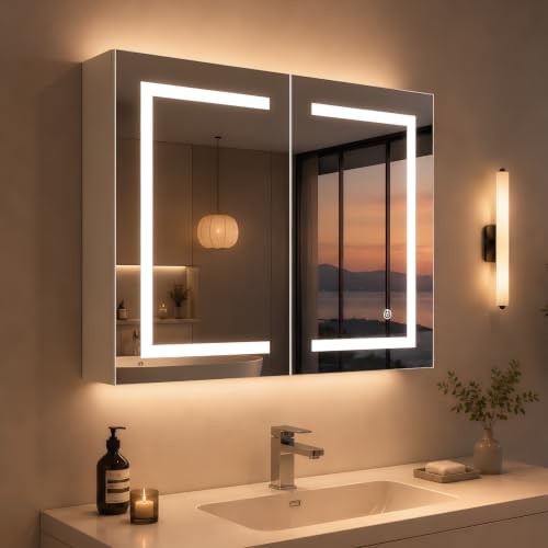 Spiegelschrank Bad Mit Beleuchtung, Alibertschrank Bad Mit Beleuchtung, 80cm Badezimmer Spiegelschrank, Spiegel Und Ablage Verstellbarer, Spiegelschränke Fürs Bad, Hängeschrank, Doppeltür (Weiß-80cm)