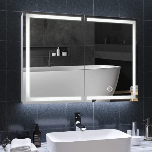 DICTAC Spiegelschrank Bad mit LED Beleuchtung und Steckdose Doppelspiegel 80x13.5x60cm Metall mit Ablage,Badschrank mit Spiegel,3 Farbtemperatur dimmbare,Berührung Sensorschalter,Weiß
