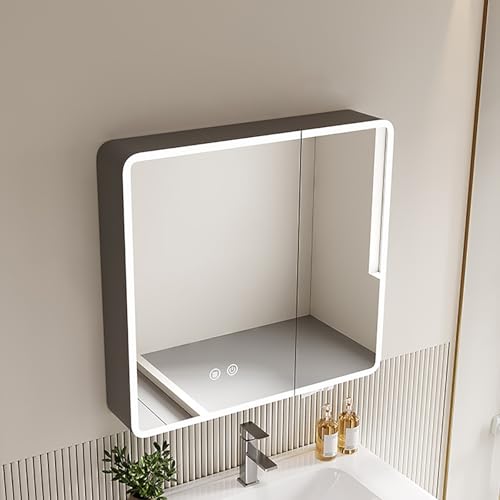 Moderner Badezimmer-Spiegelschrank mit runden Ecken, LED-Lichtern, beschlagfrei, Wandmontage, Aufbewahrungsregal für Waschtisch, stilvoller Medizinschrank mit Spiegel-Finish