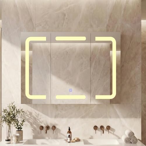 Spiegelschrank Bad mit LED-Beleuchtung, Steckdose, Badezimmer spiegelschrank mit Verstellbarer Ablage, 3 Farbtemperatur Dimmbarer Badschrank mit Touch-Sensor, Wandschrank, Hängeschrank, 80x60x16cm