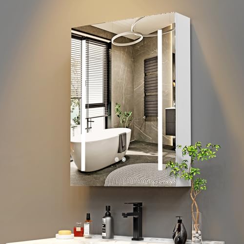 HaodaCulture Spiegelschrank Bad mit Beleuchtung, 60 x 80 cm, Bad Spiegelschrank mit Defog, 3 Lichtfarbe Einstellbar, Speicher Regale, Badschrank mit Spiegel, Hängeschrank, Badspiegel