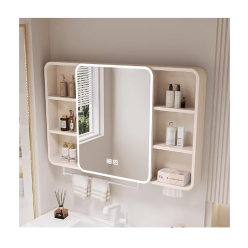 Beleuchteter Badezimmerschrank aus Aluminium, Bogenform, mit Spiegeltür und verstecktem Stauraum, 110 cm, Wandspiegelschrank für Badezimmer und Waschküche