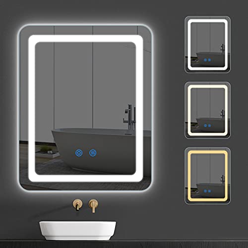 Badspiegel mit Beleuchtung, IP65 Super Wasserdicht 40x50cm LED Badezimmerspiegel mit Beleuchtung, Touch Schalter, 3 Farbtemperatur dimmbare, Beschlagfrei, Wandspiegel Badezimmer Spiegel mit EU-Stecker