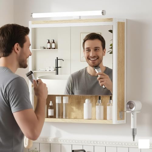 ELUCHANG Spiegelschrank Bad mit LED-Beleuchtung,Badezimmer Spiegelschrank mit Verstellbarer Ablage,HD-Spiegel, Haken,Haartrockner-Halter,Holz+Metall, Wandschrank,Badezimmerschrank,Oak/Weiß,60x15x60cm