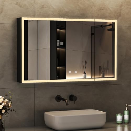 Boromal 3 Türen Spiegelschrank Bad mit Beleuchtung Schwarz Spiegelschrank mit Beleuchtung Metall LED Badezimmerschrank mit Dimmbar + Beschlagfrei + Stecker (100 x 60 x 13,5 cm)