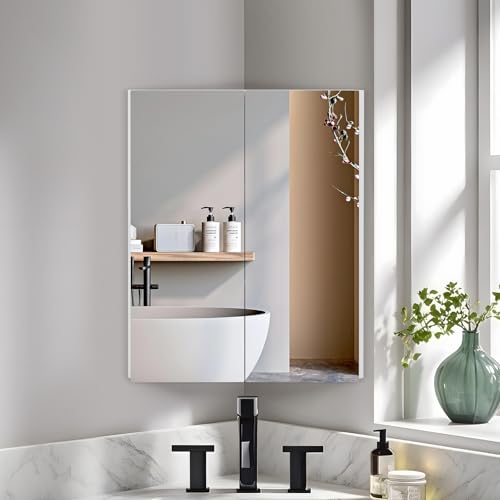 Lumibric Eck-Badezimmerschränke mit Spiegel, 2-türiger Holzschrank zur Wandmontage mit HD-Spiegel, weißer Badezimmer-Eckschrank mit Stauraum, 45x60 cm