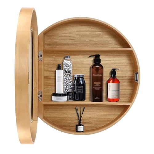 SZKTHD Runder Spiegelschrank, Wandmontage, Badezimmerschrank mit Spiegel, Badezimmerspiegelschrank, Wandmontage, Kosmetikspiegel (Holz, 50 cm)