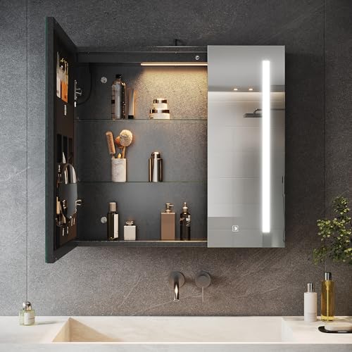 SONNI Spiegelschrank Bad mit Beleuchtung und Make-up Ablage 70x65 cm, Steckdose & 3-fache Vergrößerungsspiegel, 3 Lichtfarben, Dimmbar - Dunkelgrau