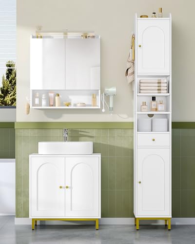 Hzuaneri Badmöbel-Set, Waschbeckenunterschrank 60 cm, Spiegelschrank mit LED-Beleuchtung und Badezimmerschrank Hochschrank, für Badezimmer, Toilette, Waschküche Weiß, BC11003XEU