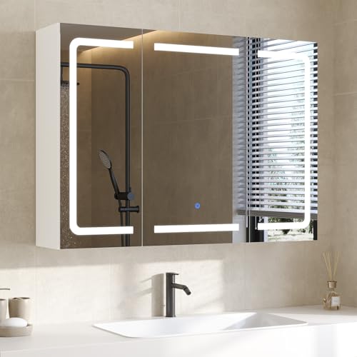 DICTAC Spiegelschrank Bad mit Beleuchtung und Steckdose Badezimmerschrank mit Spiegel und Verstellbarem Regal,Badschrank mit 3 Türen,Wandschrank,Hängeschrank,3 Farbtemperatur Dimmbare,80x60x16cm,Weiß