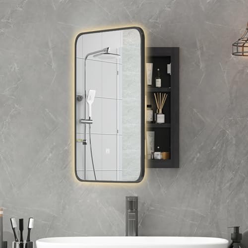KEEPREAPER Spiegelschrank Bad mit Beleuchtung rechteckig, Badschrank schwarz eingelassen mit 3 Ablage, Badezimmerschrank hängend für Badezimmer (42x14x60cm)