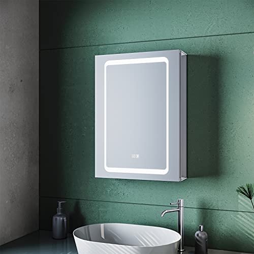 SUNXURY Spiegelschrank mit Beleuchtung beschlagfrei Aluminium 50x70cm Schmal mit Steckdose LED Touchschalter für Das Badezimmer Wasserdicht
