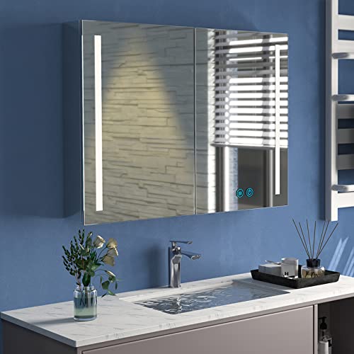 WisHomee Spiegelschrank Bad mit Beleuchtung 80 x 60cm Breit, Edelstahl Badezimmer-Spiegelschrank mit licht, 2 Drehtüren LED Spiegelschrank mit Touch Dimmer, 3000K/4000K/6500K Dimmbar