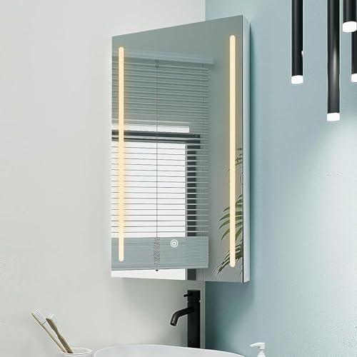 Mepplzian Eckspiegelschrank Bad mit Beleuchtung, Eckschrank Bad Spiegel, Eckspiegelschrank Badezimmer mit 2 Ablagen Badschrank Hängend Holz, 34x60cm