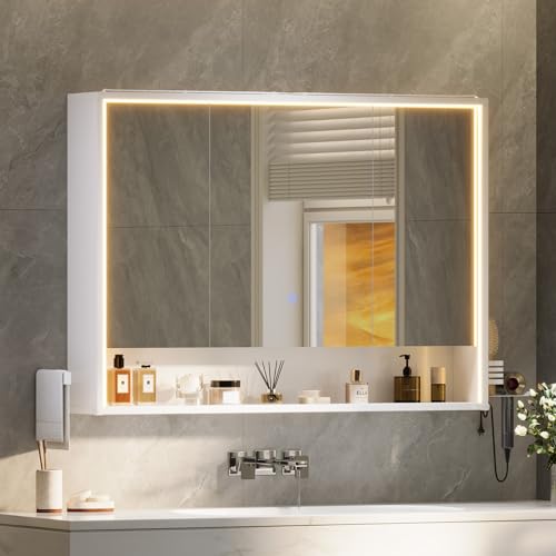 mojiasion 3-türiger Badspiegelschrank 100 cm breit mit LED-Beleuchtung, Steckdose & Touch-Sensor – 3 Lichtfarben dimmbar, inkl. Föhnhalter, Handtuchhalter & 4 verstellbaren Einlegeböden – Weiß