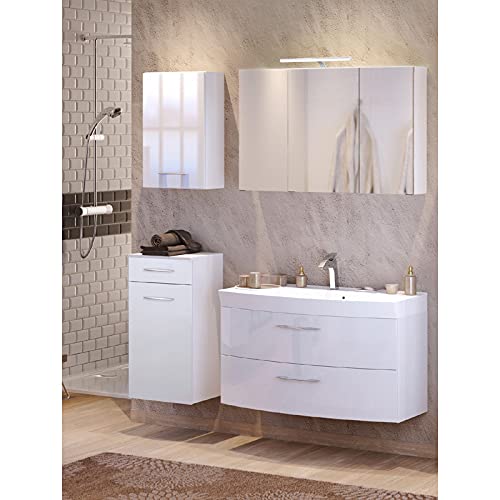 Lomadox Badmöbel Set in Hochglanz weiß 100cm Waschtisch -Auszügen 100cm LED-Spiegelschrank B/H/T: 155/200/47cm