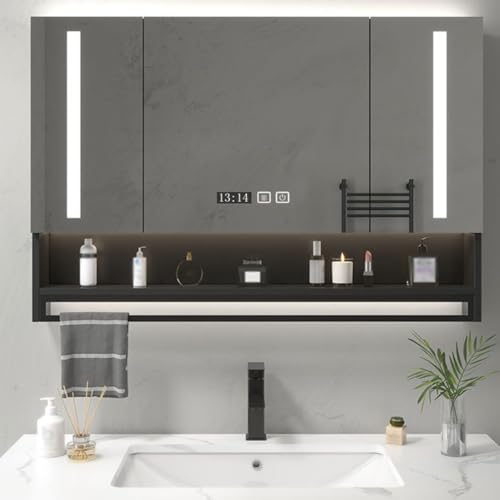 GWFBLID Badezimmer spiegelschrank mit Beleuchtung Spiegelschrank Bad mit LED und Steckdose Breit Doppeltür Badschrank mit Spiegel und Ablage Hängeschrank Berührung Sensorschalter