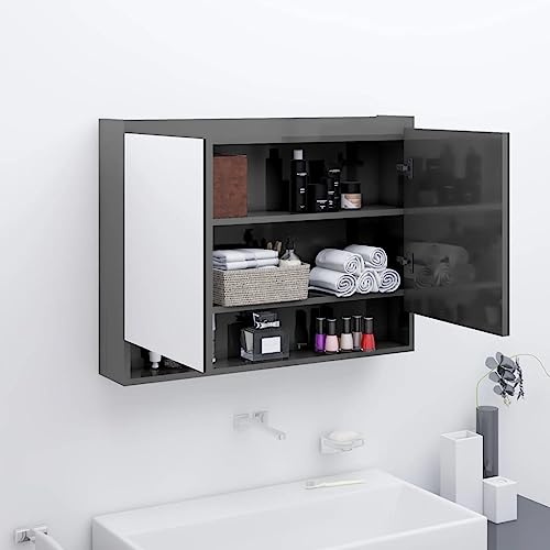 QUAHEAS Spiegelschrank Bad 80x15x60 cm, MDF Glänzend Grau, Wandmontage mit 2 Türen, 3 Fächer, USB-Anschluss, Badezimmer Schrank