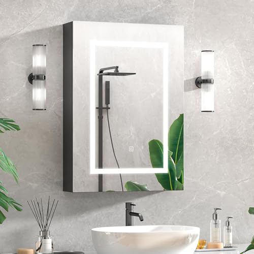 Mepplzian Spiegelschrank Bad mit Beleuchtung, 60x76cm, spiegelschrank mit Beleuchtung, Badezimmerschrank mit Spiegel, für Badezimmer, schwarz