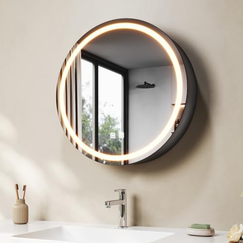 SONNI LED Spiegelschrank Bad Rund 60cm mit Steckdose Touch-Schalter Grau
