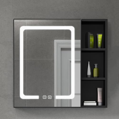LED-Badezimmer-Spiegelschrank, Wandmontage, Aluminium, Anti-Beschlag, 1 Tür, stilvolles Weiß und Schwarz, 75 x 65 cm, modernes Design mit Lichtern für einfache Fellpflege