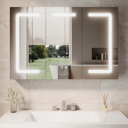 SUNXURY Badspiegelschrank 900x600x125mm Spiegelschrank Bad mit Beleuchtung Dreitüriger Spiegelschrank aus MDF Badschrank hängend mit Antibeschlag und Steckdose Touchchalter Marokkanisches Grau