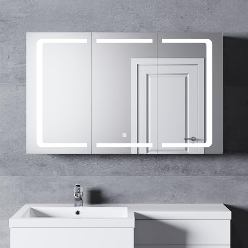 SONNI Spiegelschrank 3 türig mit Touchschalter Spiegelschrank Bad mit Beleuchtung 105 x 65cm LED Edelstahl Spiegelschrank mit Steckdose