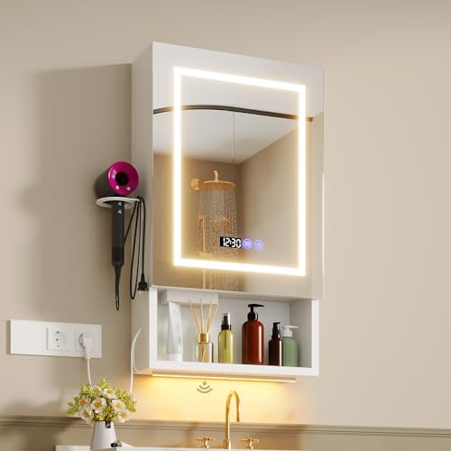 ChromaCasa Spiegelschrank Bad Mit Beleuchtung 3-Farbig Dimmbarer & 2AC/3USB-Steckdosen, Badezimmer Spiegelschrank Mit Entfeuchtung mit 1 klick & Speicherfunktion für Badezimmer(47x80x16cm,Weiß)