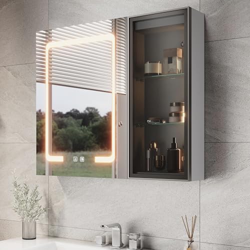 SUNXURY Spiegelschrank Bad 70cm mit Beleuchtung, Badspiegelschrank mit glasablage, 3 Farbe modi, Anti-Beschlag, Steckdose und Touch, Badschrank hängend aus MDF, 700x600x125mm Marokkanisches Grau