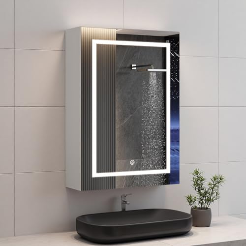 HFASD Spiegelschrank Bad Mit Beleuchtung, Badschrank 50cm Breit, Alibertschrank Bad Mit Spiegel Und Ablage Verstellbarer, Badezimmer Spiegelschrank, Spiegelschränke Fürs Bad, Hängeschrank, Einzeltür
