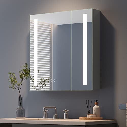 Dripex Spiegelschrank Bad mit Beleuchtung, Glasablage und Steckdose, Badezimmerschrank mit Spiegel 2-türig, 3 Lichtfarbe Einstellbar, Dimmbar, Beschlagfrei 63 x 65 cm Grau