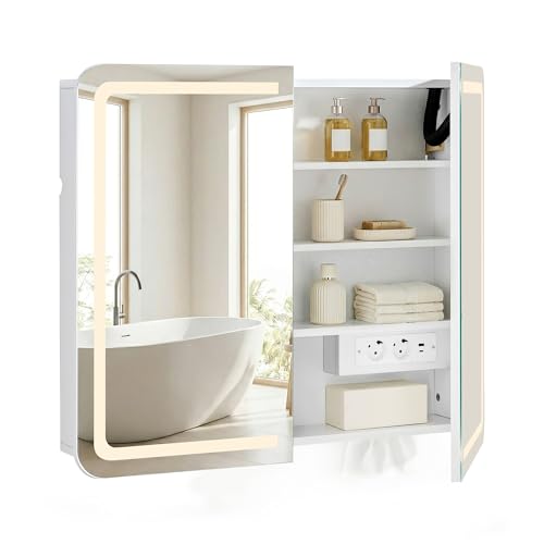 CLIPOP LED-Spiegelschrank, 2 Türen, Steckdose, Antifog, 80×70×16,5 cm