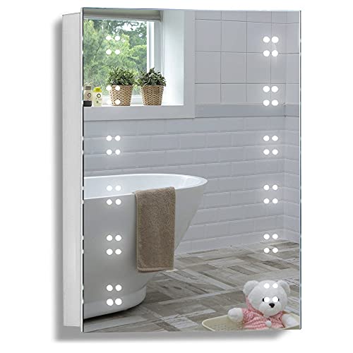 Mood LED beleuchteter Badezimmer Spiegelschrank mit Antibeschlag-Pad, Steckdose, Sensor-Schalter und LED-Lichter, TÜV geprüft, Altair 70cm x 50cm x15cm (HxBxT)