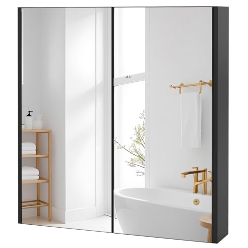 GIANTEX Spiegelschrank Badezimmerschrank, Hängeschrank mit rahmenlosen Doppelspiegeln / 2 Einlegeböden, Badezimmerspiegel Badspiegel aus Holz, Badschrank Wandschrank 62 x 11,5 x 65 cm (Schwarz)