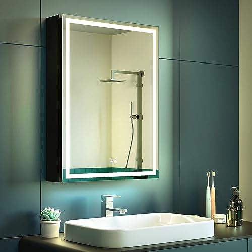 KWW 50 x 70 cm LED Beleuchtetes Badezimmer Medizin Kabinett mit Spiegel, Farbtemperatur Einstellbar, Anti-Nebel Dimmbare Lichter, Steckdosen für USBs