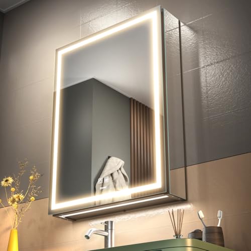 GANPE LED Beleuchtetes Badezimmer Medizin Spiegel Schrank, Defog, Stufenloses Dimmen, Speicher 3-Farben Modus, Speicher Regale, Steckdosen & USBs (Linkes Scharnier, 50 x 70 cm)