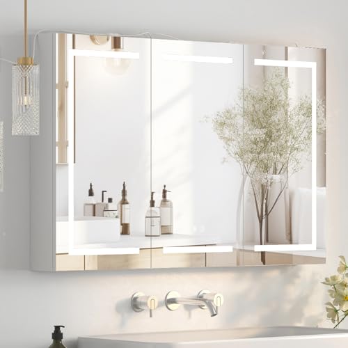 Mepplzian Spiegelschrank Bad mit Beleuchtung 3 Türen, Spiegelschrank mit Beleuchtung, 13,5 x 120 x 76 cm, Badschrank hängend für Bad mit Anti-Beschlag, Badezimmerschrank mit Spiegel, Dimmbar, Weiß