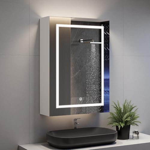 Poeahu Badezimmerschrank mit Spiegel und Beleuchtung, Einfache Tür, 70 x 50 x 15 cm, Spiegelschrank mit Verstellbarem Regal, Farbtemperatur Verstellbar, Schalter mit Touch-Sensor, Weiß