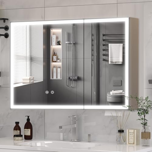 Saimeihome Spiegelschrank mit LED-Beleuchtung und Antibeschlag 100x60 cm, Doppeltür Badezimmer Spiegelschrank mit 5 Ablagefächern, Touch-Control Badspiegel Silber/sandweiß