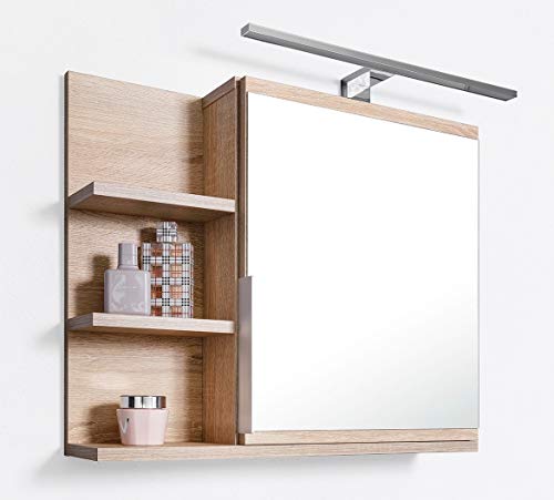 Badezimmer Spiegelschrank mit Ablagen und LED Beleuchtung, Badezimmerspiegel, Eiche Sonoma Spiegelschrank, L