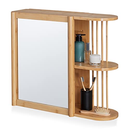 Relaxdays Wandregal mit Spiegel, Bambus, 2 halboffene Ablagen, 53x62x20 cm, Badezimmer, hängend, Spiegelschrank, Natur