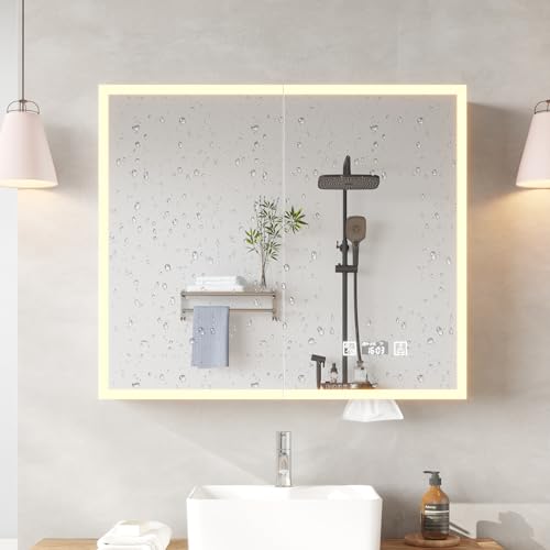 Bonnlo Spiegelschrank Bad mit Beleuchtung, Steckdose & USBs, Antibeschlag und 3 Farbtemperaturen Dimmbarer Spiegelschrank Bad mit Integrierter Zeit- und Temperaturanzeige, Doppel-Tür, 80 x 15,5 x 70