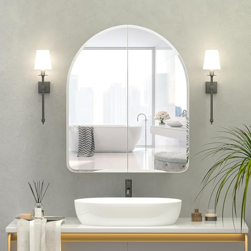 Mepplzian Bogen Badezimmerschrank mit Spiegel Randgestempelte, 2-türiger, Bogen Badezimmerspiegelschrank zur Aufputzmontage, rahmenloser Spiegelschrank für Badezimmer, weiß 60 x 70 x 13 cm