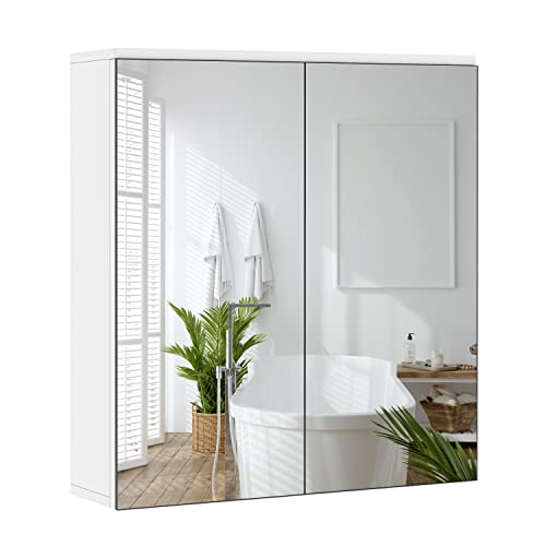 Yaheetech Badezimmerschrank mit 2 Spiegeltüren Hängeschrank Spiegelschrank fürs Bad 2-stufiger Badschrank höhenverstellbare Ablage