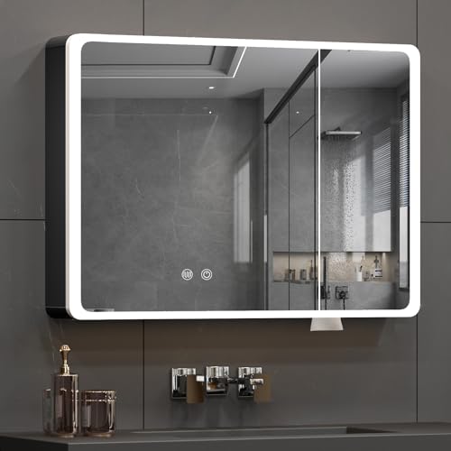Buildonely Spiegelschrank Bad mit Beleuchtung, 80 x 70 cm Badezimmer Spiegelschrank mit Antibeschlag-Funktion für Badezimmer, Touchscreen-Steuerung, Schwarz, Aluminiumlegierung, Fertig Montiert