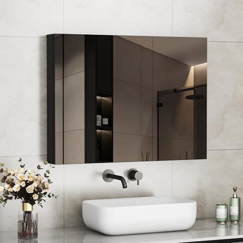 Boromal Spiegelschrank Bad Spiegelschrank mit Innenspiegel Metall Badezimmerschrank Schwarz mit Spiegel und Verstellbare Glasablage (80 x 60 x 12,5 cm)