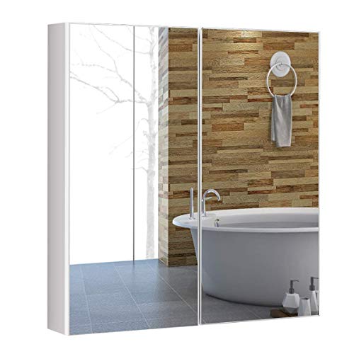 COSTWAY Spiegelschrank Bad, Wandschrank mit Spiegel, Badezimmerspiegelschrank weiß, Hängeschrank Holz, Badezimmerspiegel 65x62x11,5cm