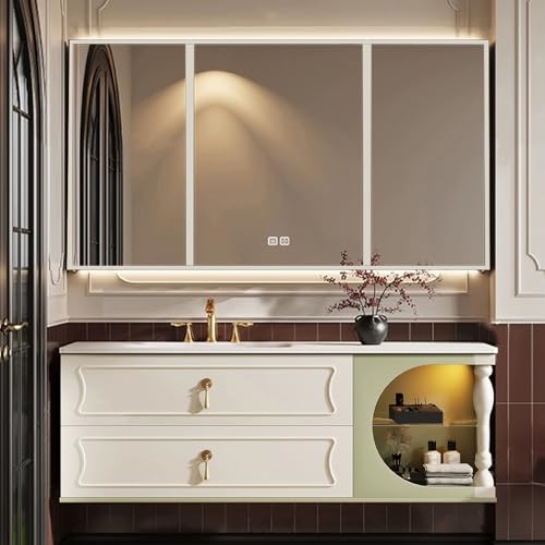 160 cm weißes Badezimmer-Waschtisch-Set mit Waschbecken, Spiegelschrank (LED im Lieferumfang enthalten) und Wasserhahn, modernes Badezimmerfell, stilvolle Waschtisch-Einheit für Zuhause